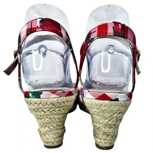 Betsey Johnson Sandals Athena 8.5 Red Gingham Check Floral Wedge Espadrille Shoe - Picture 4 of 10